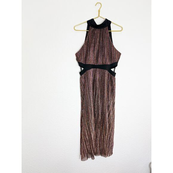 NWT BCBGeneration Mock Neck Bow Back Midi Dress Size 10 Metallic Striped Cut Out - Picture 3 of 14